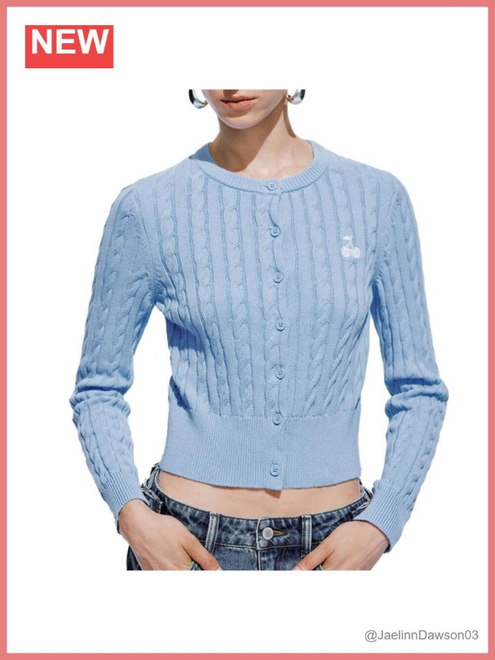 Cherry Embroidered Cardigan Soft Knit Crew Neck Long Sleeve Women's Sweater